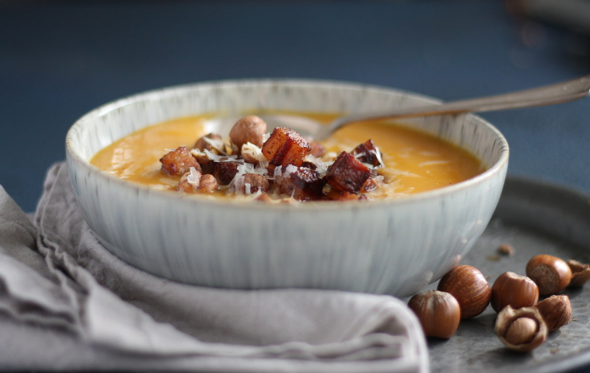 Roast pumpkin soup with hazelnut and pancetta lardons recipe