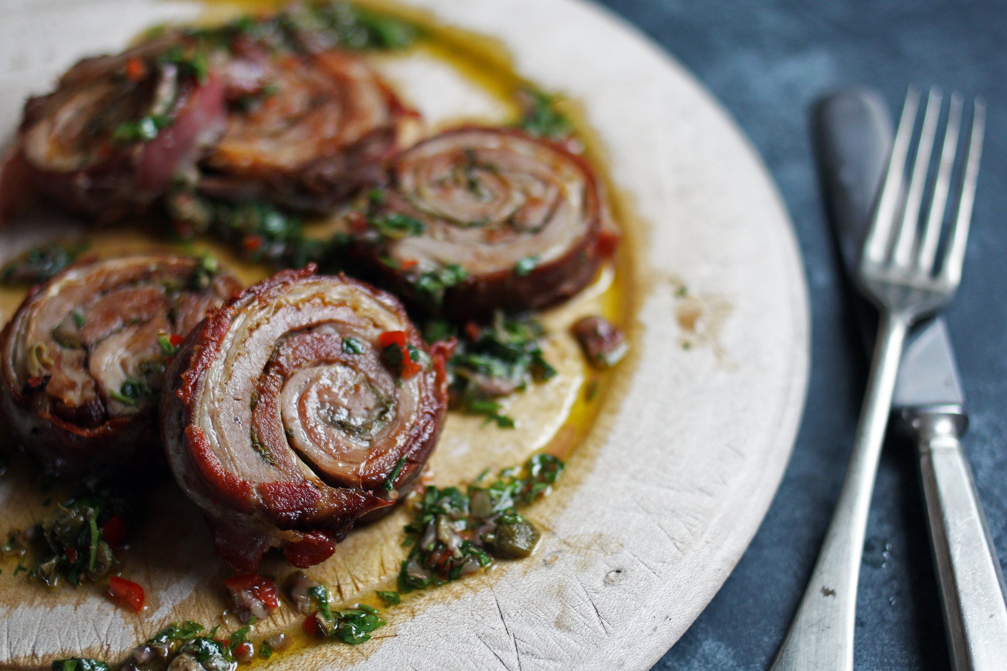 Rolled Spring Lamb Breast wrapped in Coppa with a Zingy Caper Dressing recipe